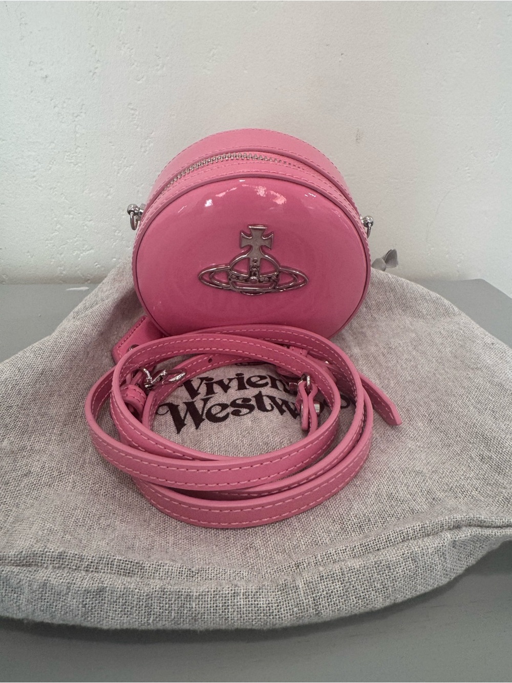 Vivienne Westwood Pink Patent Round Crossbody with Orb Emblem